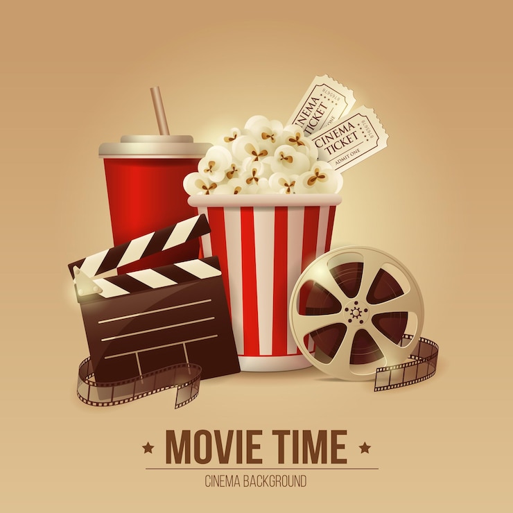 Vector cartel de concepto de cine con tira de película de tazón de palomitas de maíz y entradas realistas detalladas