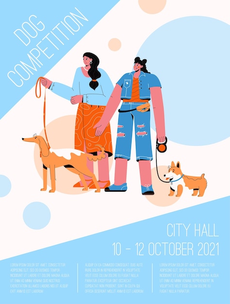 cartel del concepto de competencia de perros. Exposición de mascotas de diferentes razas, evento deportivo.