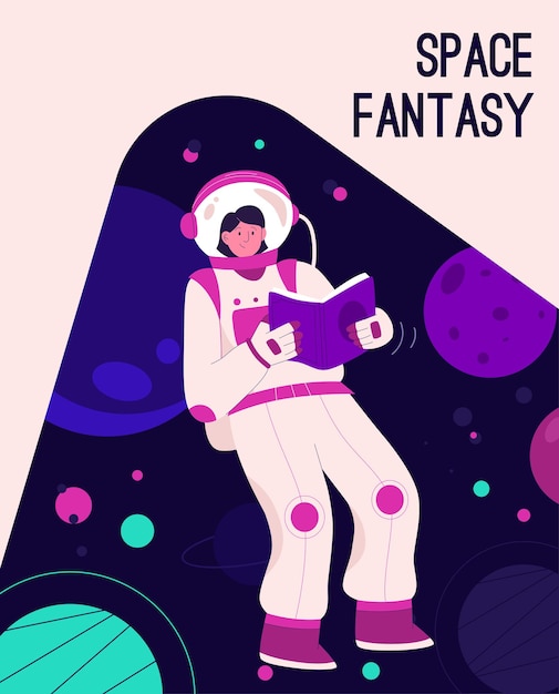 Cartel del concepto space fantasy. mujer en traje espacial leyendo libros y volando en gravedad cero en el espacio exterior.