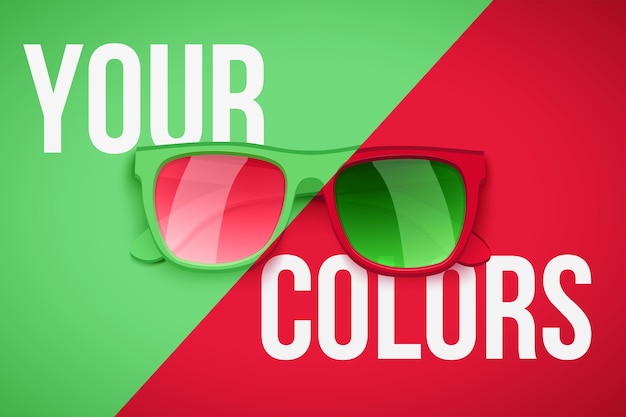 Vector cartel de concepto de tu personalidad. gafas de sol de moda sobre fondo de color verde y rojo. ilustración.