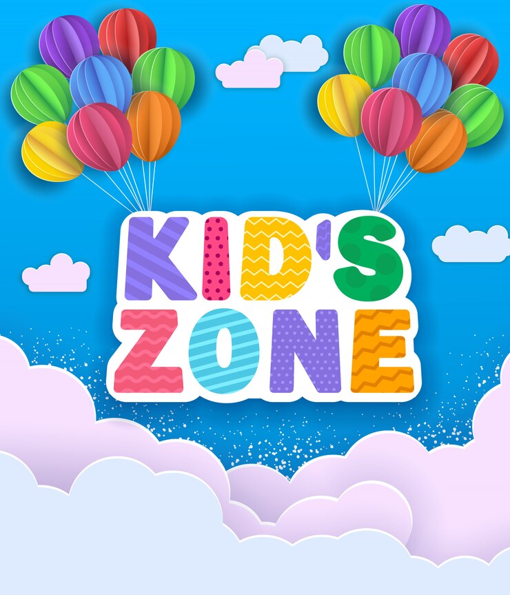 Cartel de concepto de zona infantil con globos de nube y papel, ilustración infantil