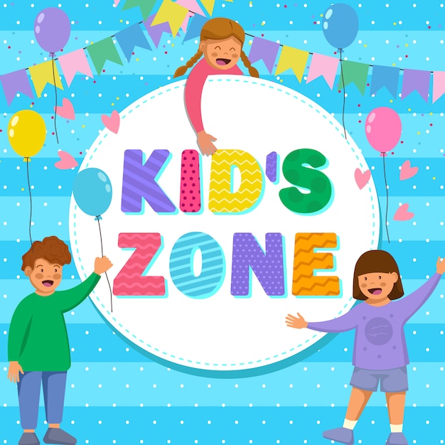 Cartel de concepto de zona infantil con marco en forma de nube, ilustración infantil. Niños felices