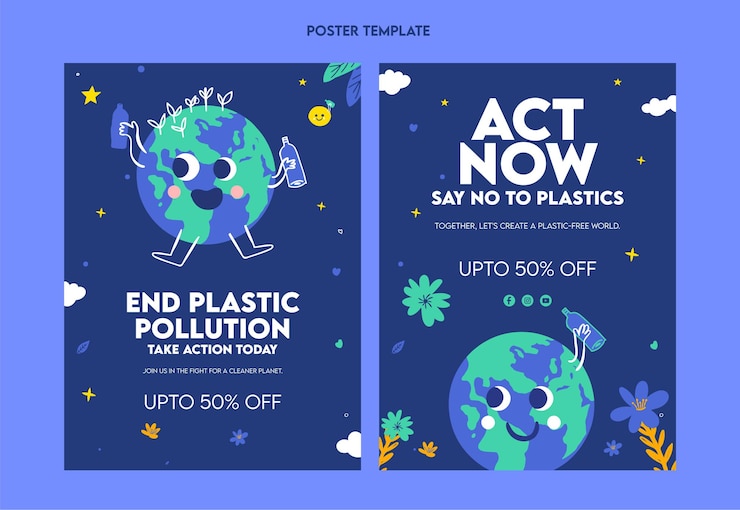 Cartel de concienciación ambiental para el dibujo a mano de la contaminación por plásticos