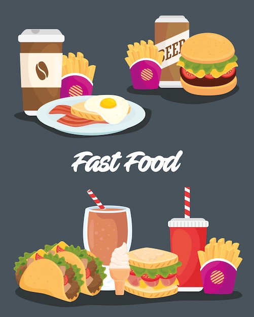 Vector cartel con conjunto de comida deliciosa.