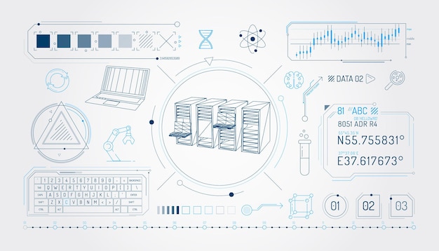 Cartel con un conjunto de elementos infográficos sobre el tema del almacenamiento de datos científicos Ilustración vectorial