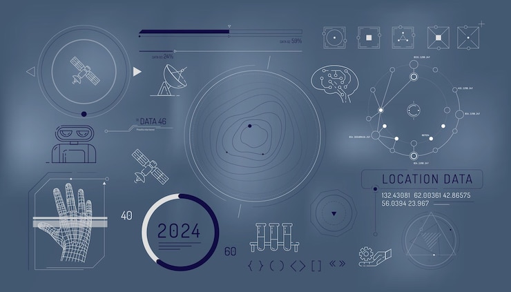 Vector cartel con un conjunto de elementos infográficos sobre el tema de internet satelital e inteligencia artificial ilustración vectorial