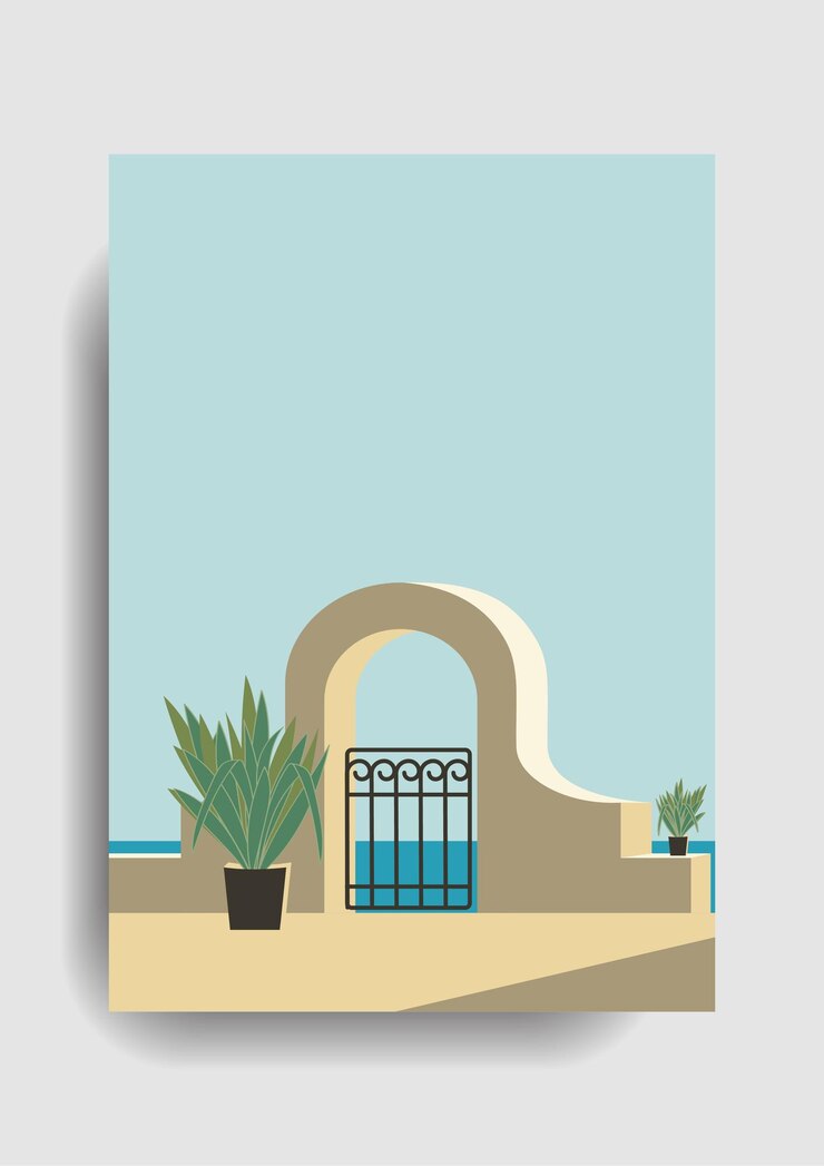 Vector cartel contemporáneo estético con arquitectura geométrica arquitectura cerca del mar carteles vectoriales para decoración de paredes en estilo boho