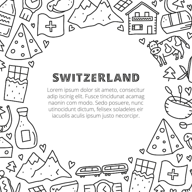 Cartel con contorno de garabato Iconos de viaje de Suiza Espacio para texto