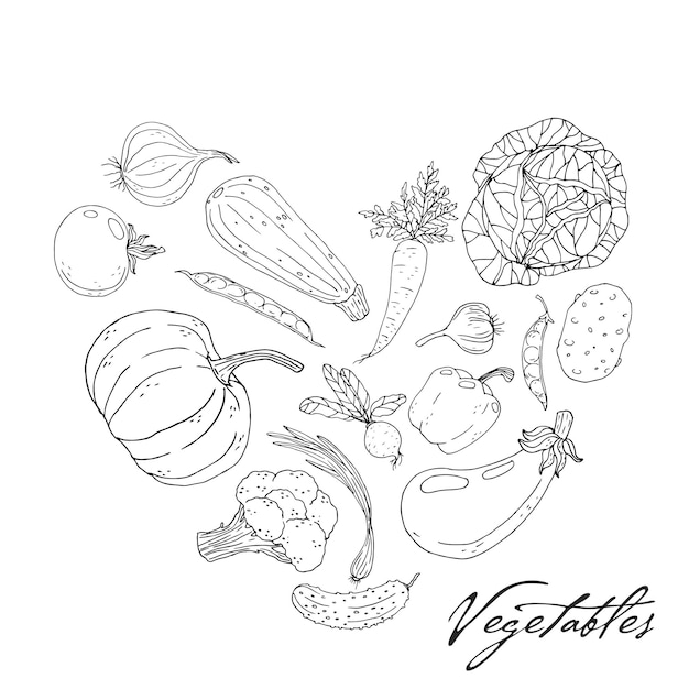 Cartel con corazón hecho con verduras dibujadas a mano sobre un fondo blanco Iconos vectoriales en estilo de boceto en blanco y negro Objetos aislados dibujados a mano con letras