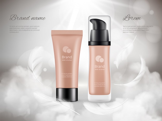 Cartel de cosméticos. Crema para la piel botellas de plástico noche nubes plumas vapor lujo promocional publicidad realista