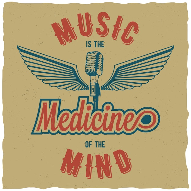 Cartel creativo de tres colores con palabras, la música es la medicina de la mente.