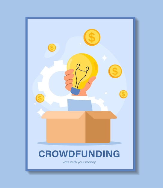 Cartel con crowdfunding Con la mano sosteniendo una bombilla en una caja de cartón Patrocinando ideas interesantes e invirtiendo Desarrollo de Startup Ilustración vectorial plana