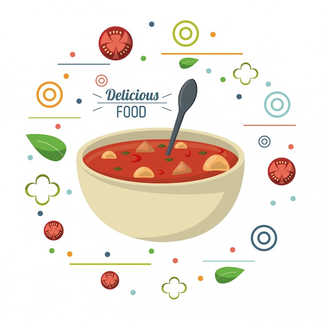 Vector cartel de cuchara de dieta nutricional de sopa de comida deliciosa