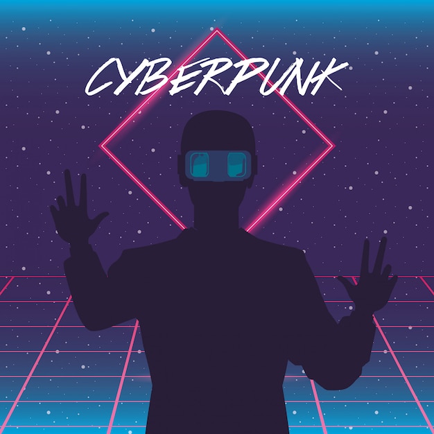 Cartel de cyber punk con hombre con máscara de realidad virtual