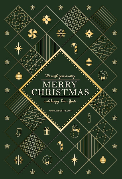 un cartel con decoraciones de Navidad doradas en un fondo verde con texto blanco y dorado