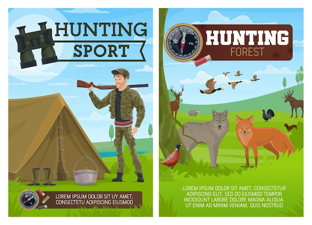 Vector cartel de deporte de caza cazador y animales.