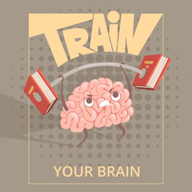 Cartel de deporte cerebro. Mente de dibujos animados haciendo ejercicios de entrenamiento de potencia