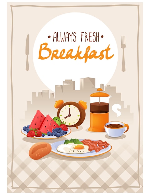 Vector cartel de desayuno con frutas de huevo y café.