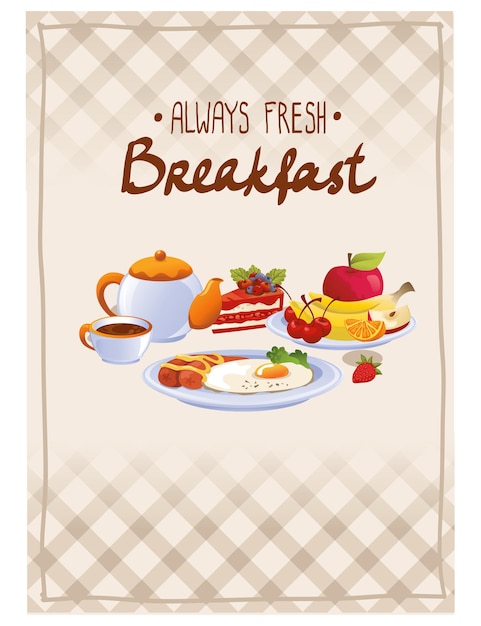Cartel de desayuno con pastel de huevo, frutas y té.