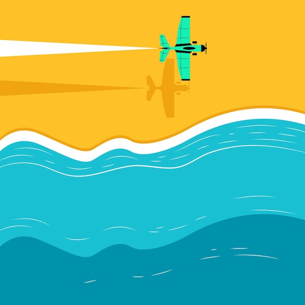 Cartel del Día de la Aviación con avión volando en una zona costera