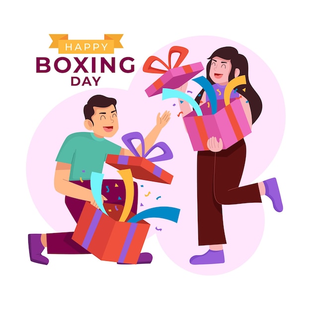 Vector un cartel para el día de la caja de guantes de boxeo con una pareja llevando regalos