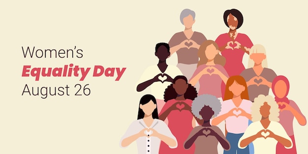 Un cartel para el Día de la Igualdad de la Mujer con cuatro mujeres que se toman de la mano y el corazón