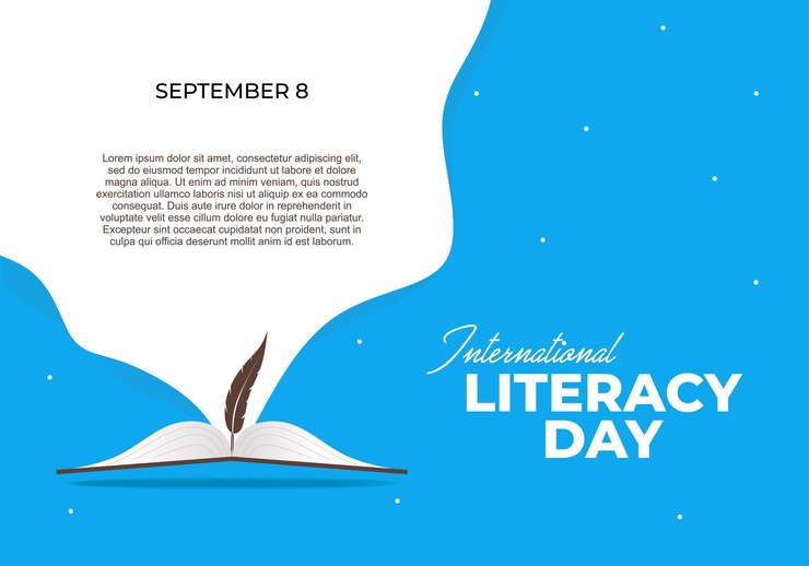 Cartel del Día Internacional de la Alfabetización con una pluma y un libro abierto sobre un fondo blanco azul
