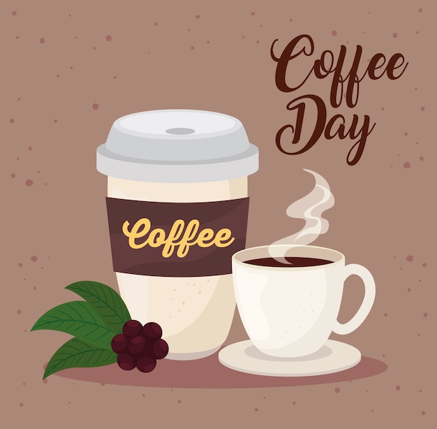 Cartel del día internacional del café, 1 de octubre, con taza de cerámica y diseño de ilustración desechable