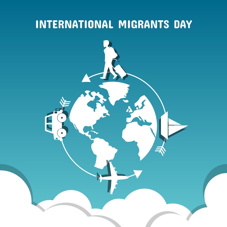 Cartel del Día Internacional del Migrante con migrantes de todo el mundo