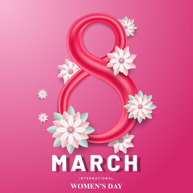 Cartel del día internacional de la mujer del 8 de marzo con ilustración de vector número ocho rojo 3d