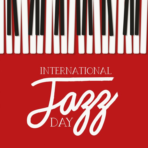 Cartel del día de jazz con teclado de piano.