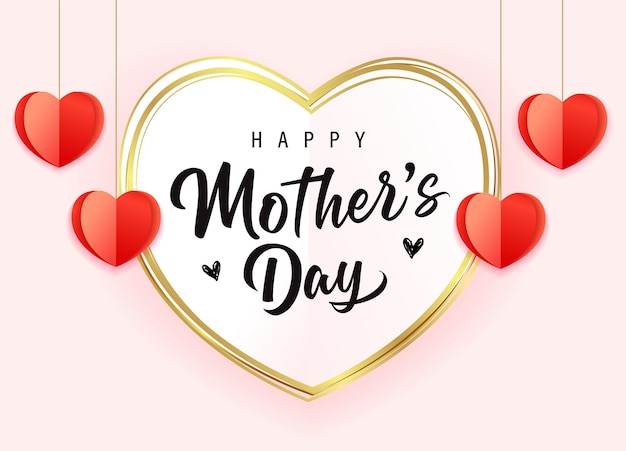 Un cartel del día de la madre feliz con corazones rojos sobre un fondo rosa.