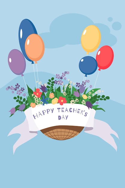 Un cartel para el día del maestro con globos y una cinta que dice feliz día del maestro