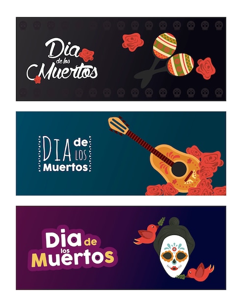 Cartel del dia de los muertos con calavera e instrumentos de katrina