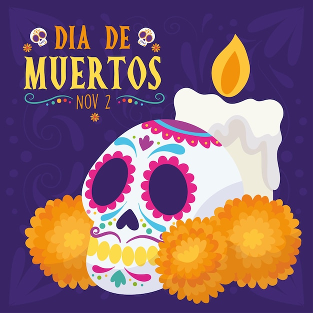 Cartel de dia de los muertos calavera con flores vector