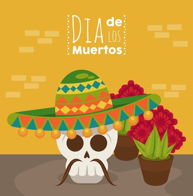 Cartel del dia de los muertos con calavera de mariachi y flores