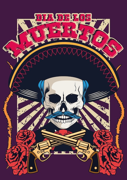 Cartel del día de los muertos con calavera de mariachi y pistolas cruzadas, diseño de ilustraciones vectoriales