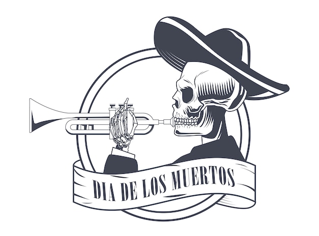 Cartel de dia de los muertos con calavera de mariachi tocando trompeta dibujo diseño ilustración vectorial