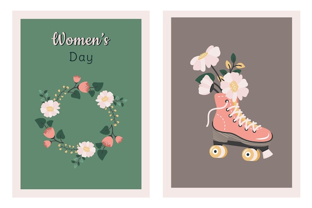 Cartel del día de la mujer con flores patines corona floral Conjunto de tarjeta del día de la mujer 8 de marzo cumpleaños Día de la madre Fondo de primavera Ilustración plana dibujada a mano vectorial para vacaciones de impresión web