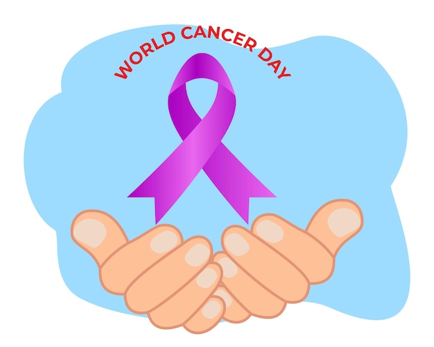 Vector cartel del día mundial del cáncer con las manos sosteniendo la cinta púrpura con respeto al día mundial del cancro