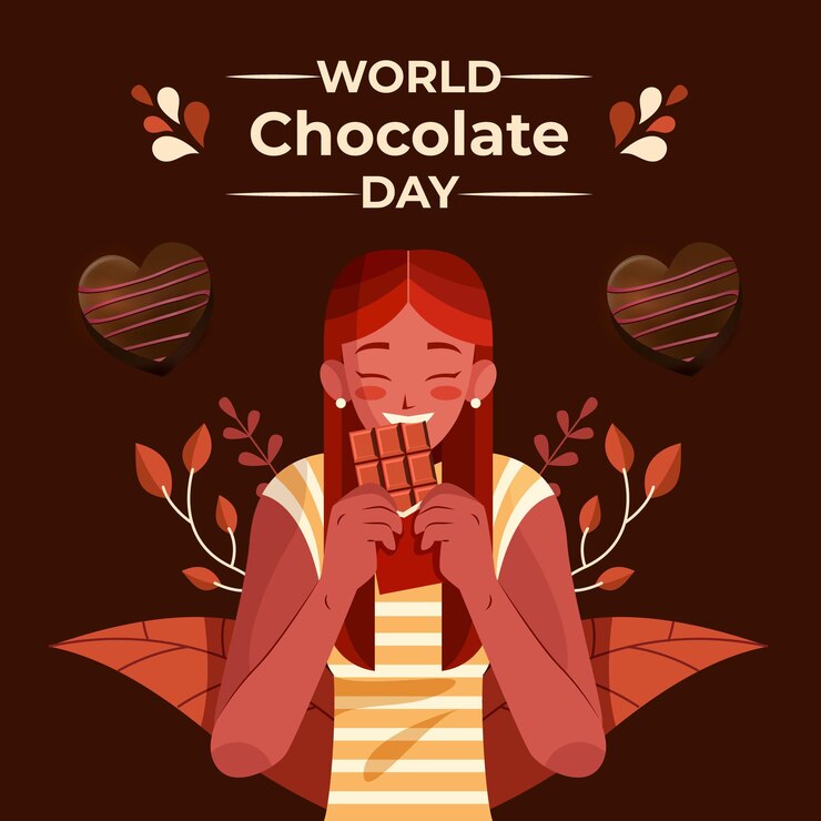 un cartel para el día mundial del chocolate con una niña comiendo una taza de chocolate