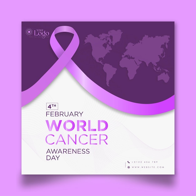 Cartel del día mundial contra el cáncer, cinta morada diseño de publicación de cáncer