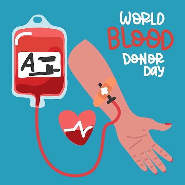 Cartel del Día Mundial del Donante de Sangre una persona dona sangre una bolsa de sangre un paquete lleno de sangre