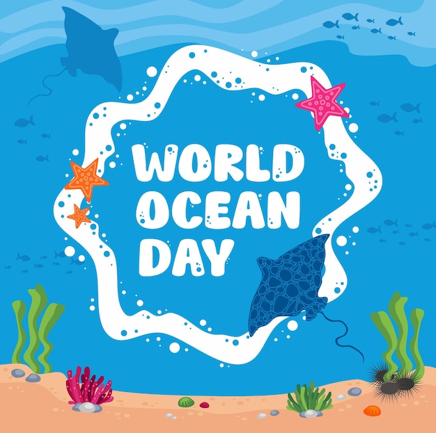 Cartel del Día Mundial del Océano con rayas manta de las estrellas de mar