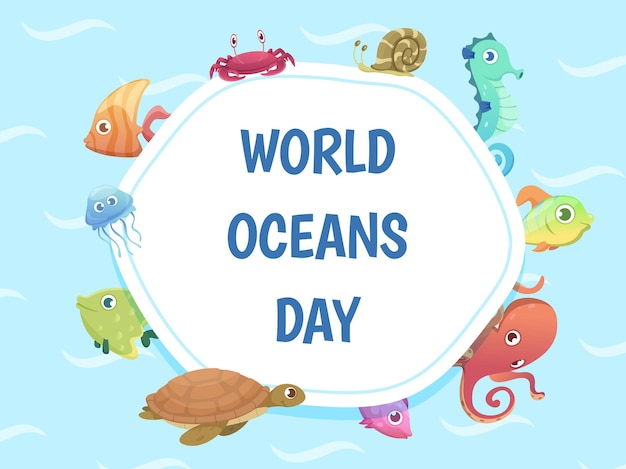 Cartel del día mundial de los océanos. ahorre agua de fondo. ilustración de animales salvajes del mar.