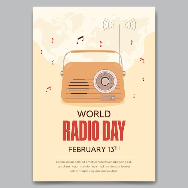 Cartel del Día Mundial de la Radio el 13 de febrero con ilustración de radio en un fondo aislado