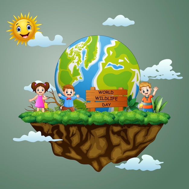 Cartel del día mundial de la vida silvestre con niños felices en la isla