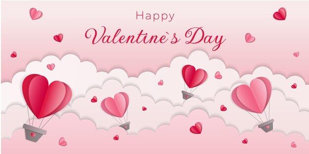 Cartel del Día de San Valentín con corazones de nubes y globos de aire en fondo rosa en estilo de corte de papel