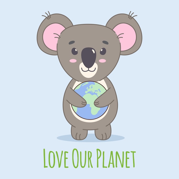 Vector cartel del día de la tierra con un lindo oso koala sosteniendo el planeta