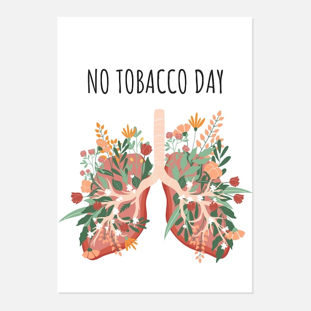 Cartel dibujado a mano del día sin tabaco ilustración colorida de pulmones humanos llenos de flores y hojas